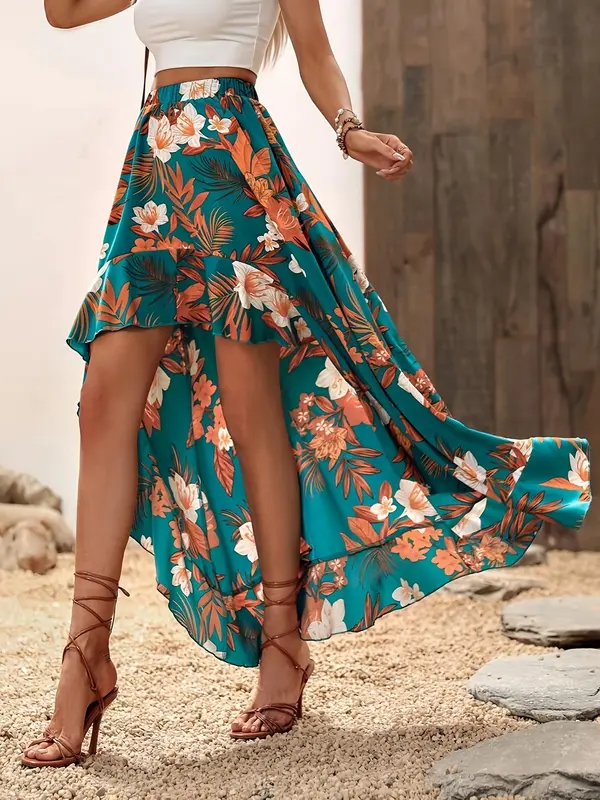 Women's Floral Print High Low Hem Skirt, Boho Ruffle Trim Elastic Waist Short Skirt for Beach Holiday Vacation, Ladies Summer Clothes 0