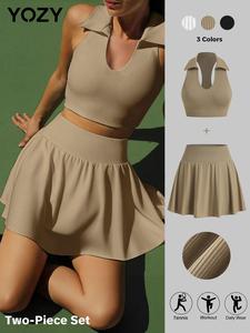 YOZY Two-Piece Set Women's Solid Crop Top & Skorts Set, Sporty Casual Breathable High Stretch Outfits for Tennis Running Gym, Ladies Sportswear for All Seasons