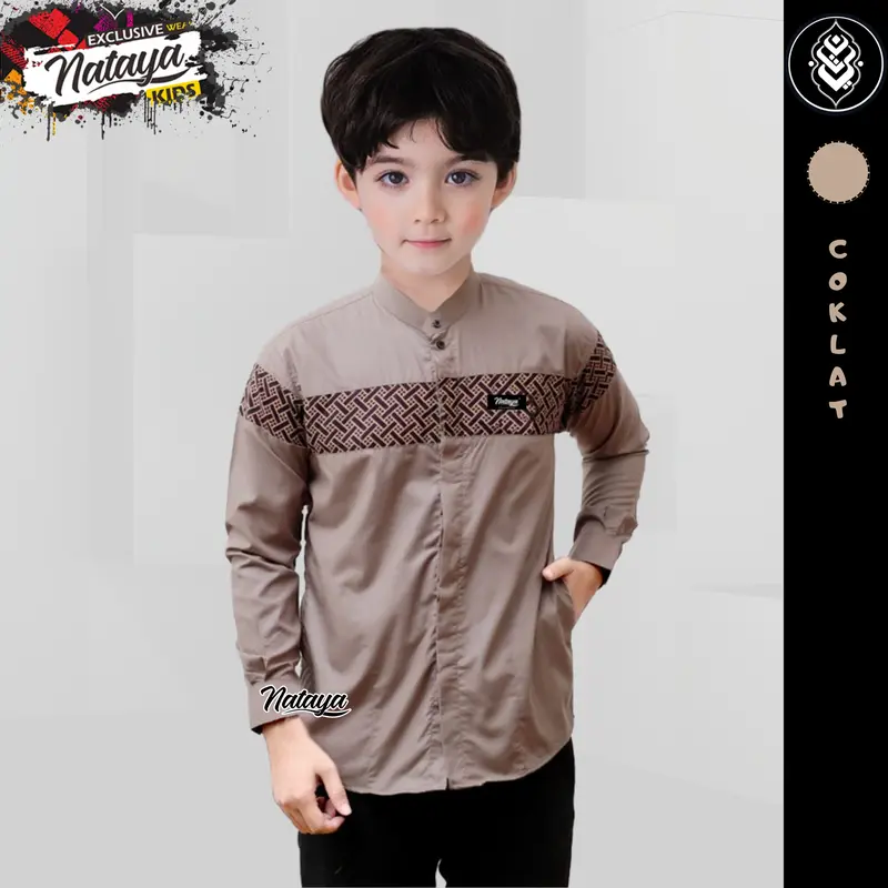 baju koko anak lengan panjang motif kombinasi batik untuk usia 9 sampai 14 tahun warna coklat putih hitam navi Atasan Katun 3