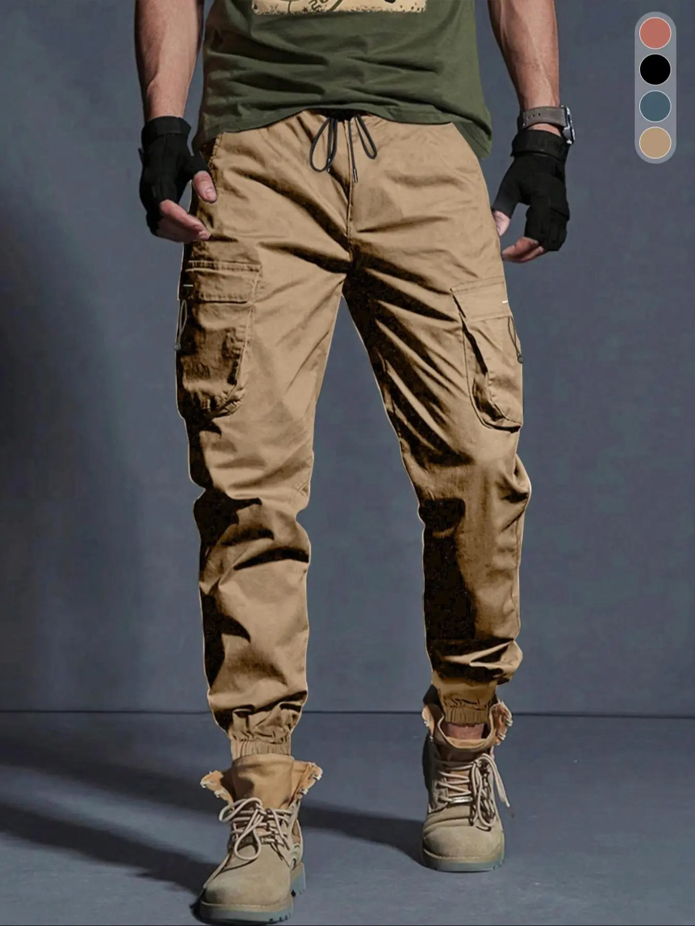 Men's Solid Pocket Drawstring Waist Cargo Pants, Regular Fit Casual Comfy Trousers for Daily Wear, Men's Bottoms for All Seasons