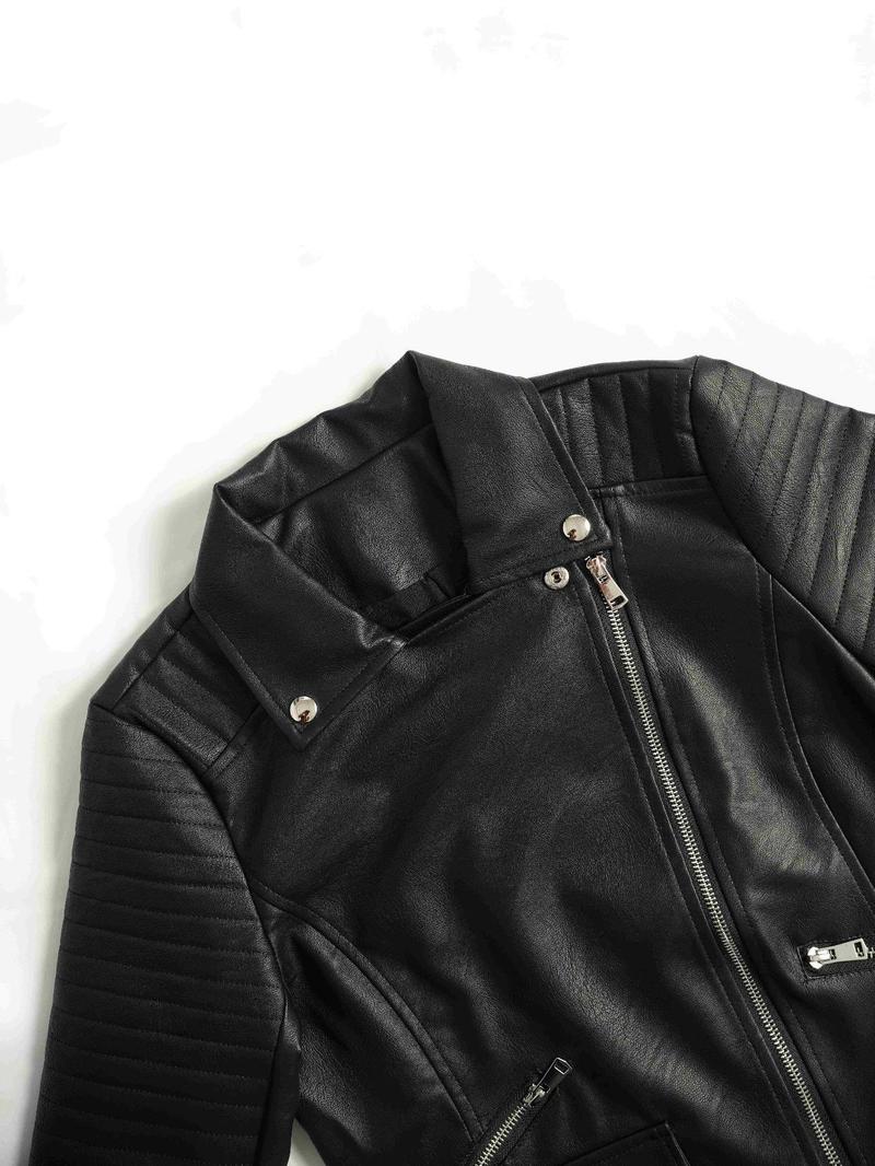 Product Introduction of Women's Solid Color Belted Zip Up PU Leather Coat, Street Fashion Button Flap Detail Lapel Jacket for Daily Wear, Ladies Clothes for All Seasons 7