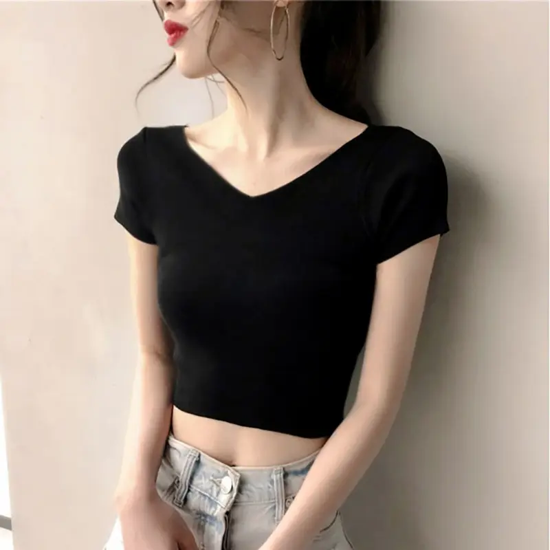 Áo Thun Nữ Ngắn Tay Phong Cách Hàn Quốc, Cổ Chữ V Trước Và Sau, Màu Trơn Đen Trắng, Áo Bó Sát, Hàng Mới Về, Bán Buôn, Mùa Hè 2024 Women Top Sơ Mi Shirt Cổ Tròn Màu Đen
