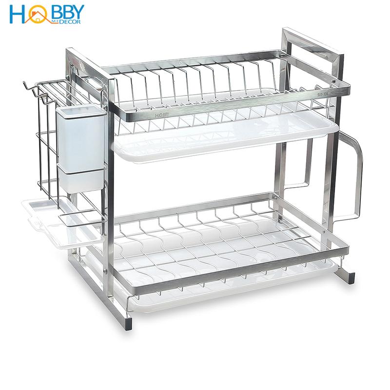 Kệ chén đa năng 2 tầng inox 304 Hobby Home Decor KC2T kèm khay hứng nước, ống đũa, giá treo thớt không rỉ sét Kitchen