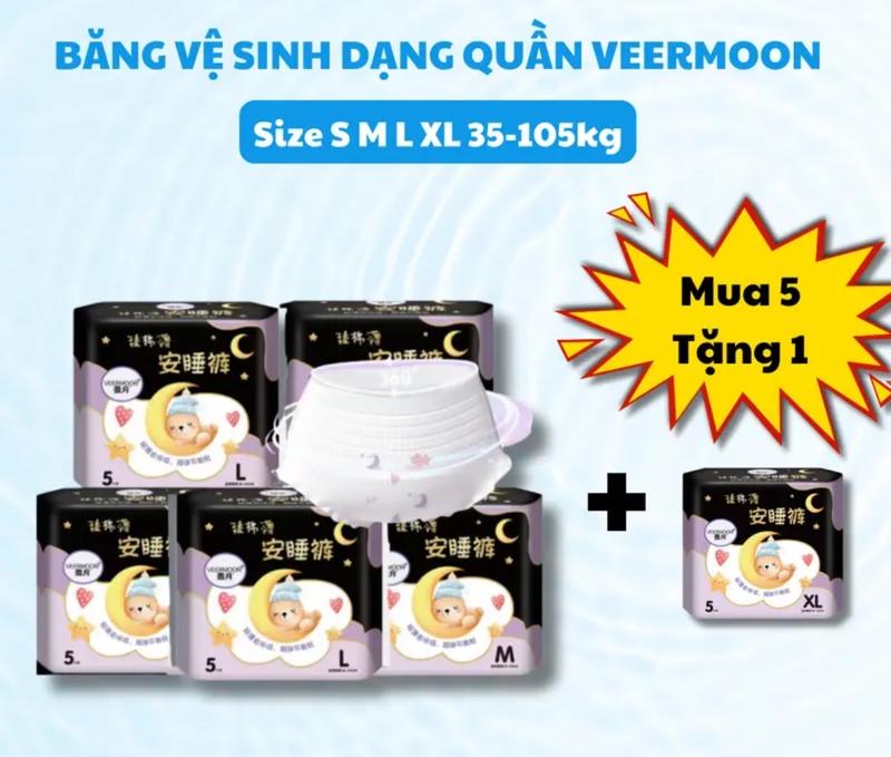(Mua 5 bvs tặng 1 ) (30 miếng) Băng vệ sinh dạng quần Veermoon/Mine moon chống tràn ban đêm, dùng cho mẹ bầu sau sinh, chị em phụ nữ tới kì, size S/M/L/XL từ 35-105kg( Che tên sản phẩm khi giao )