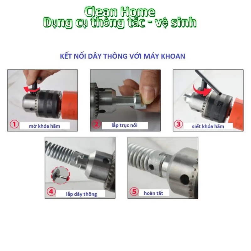 Bộ Dây Thông Tắc Cống Lò Xo Dùng Cho Máy Khoan ( Gồm Dây Lò Xo Phi 16 + 6 đầu thông + 1 đầu kết nối ) 6