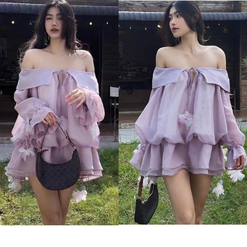 M902 - Đầm bồng trễ vai tay dài bo chun eo đầm trễ vai voan bèo