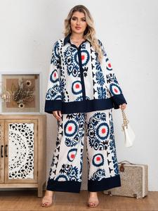 Plus Size Ethnic Floral Pattern Button Front Blouse & Wide Leg Pants Set, Drop Shoulder Long Sleeve Top & Trousers For Women, Women's Plus Size Two-Piece Outfits For Spring & Fall