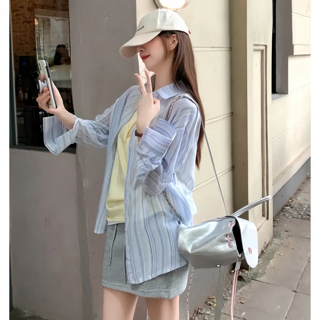 [  QIHO ] Áo kiểu nữ sơ mi dài tay kẻ sọc chất đũi 2 màu xinh pastel Qiho Women Shirt Top Kem | BigBuy360 - bigbuy360.vn
