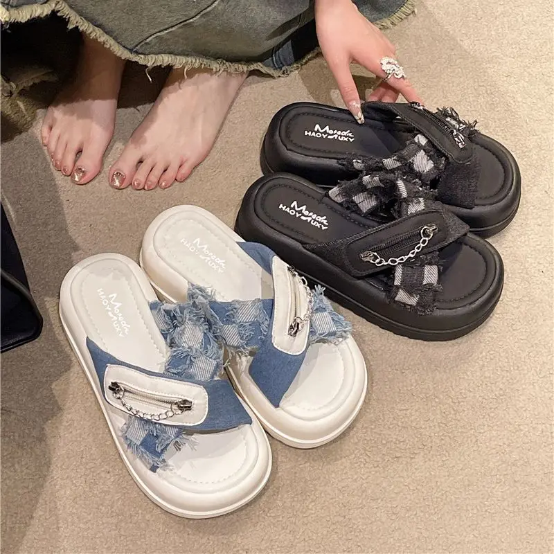 Dép Denim, Cao Cấp Cho Nữ, Đế Dày, Tăng Chiều Cao, Chống Trượt, Dép Xỏ Ngón Đế Thời Trang, Hàng Mới Về Mùa Hè 4
