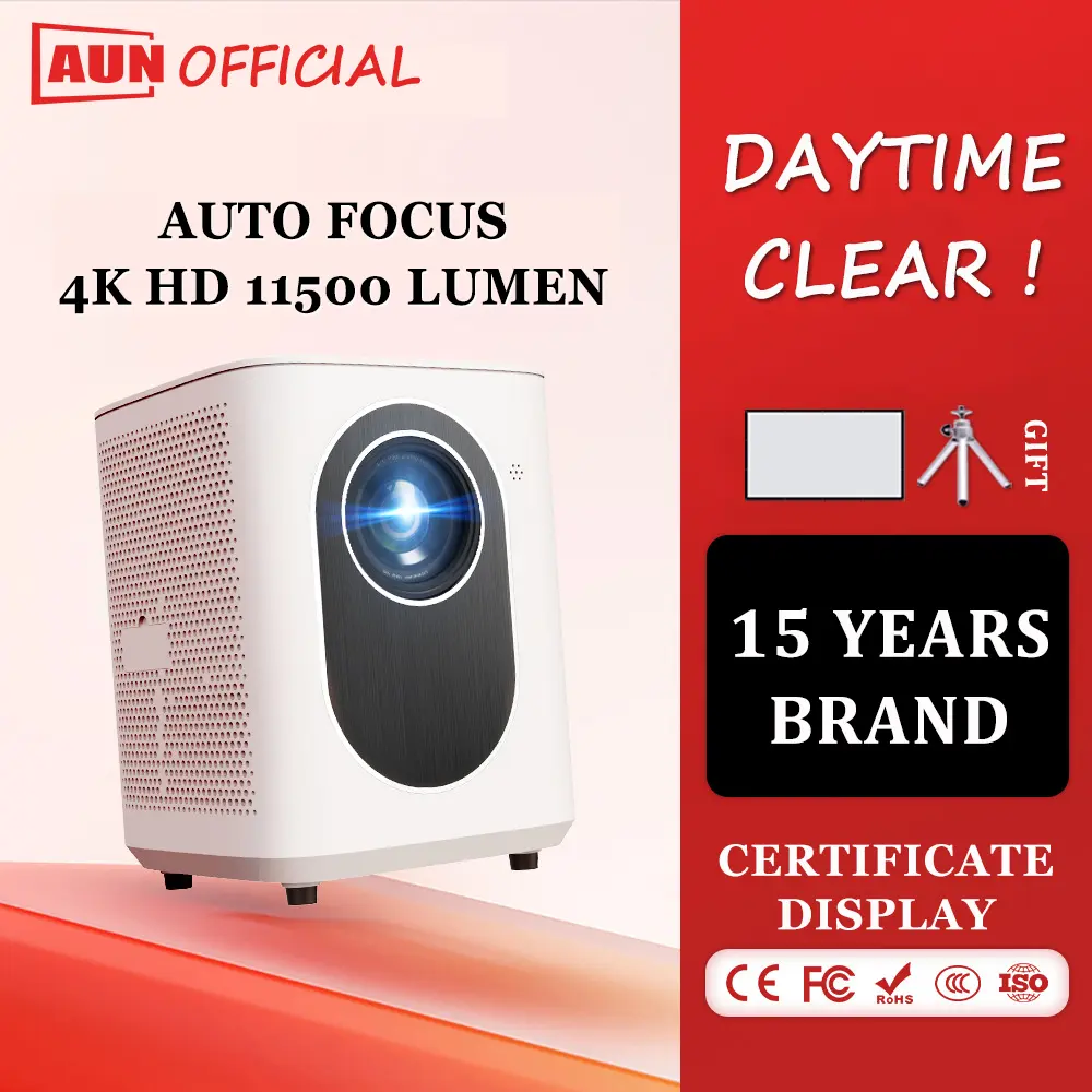 AUN T3 upgrade Electric Focus 11500 lumens 500 ANSI Projector 4K ultra hd with wifi and bluetooth smart projector mini portable movie projector for laptop and phone with screen wireless android hdmi for classroom and office Audio projector