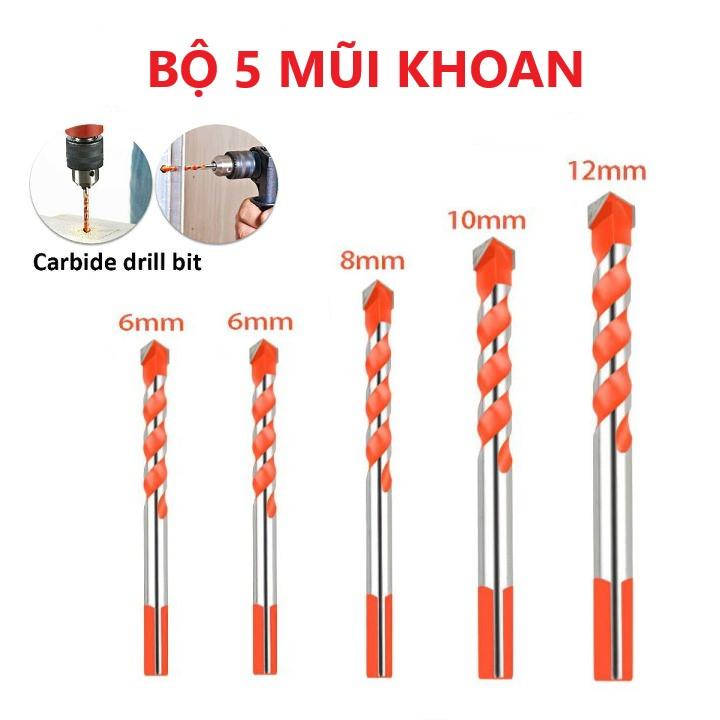 Bộ 5 mũi khoan đa năng 2 cạnh chân tam giác 6/6/8/10/12mm, khoan kính, thủy đinh, gạch ốp lát, đá hóa cương, nhôm, đồng, sắt, mũi khoan gỗ, đá granit, gạch men, mũi khoan tường, mui khoan da nang