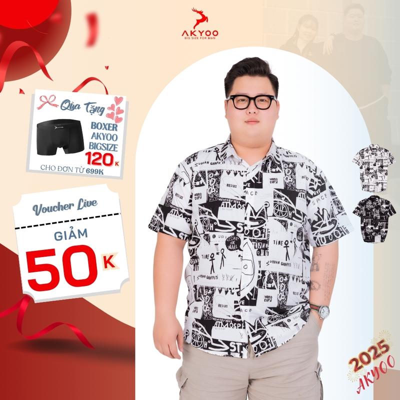 Áo sơ mi big size nam cộc tay in hoạ tiết AKYOO 80 - 130kg, vải lụa cao cấp, co giãn nhẹ, nam tính, năng động, Menswear Shirt Cổ Tròn