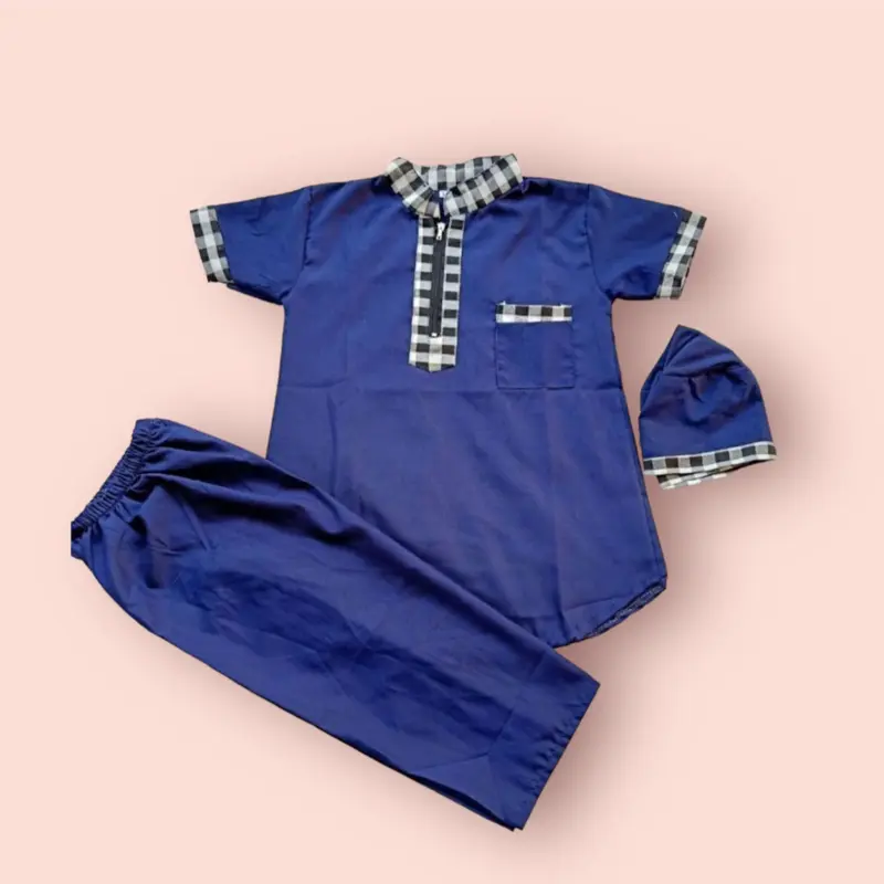 Setelan Baju Koko Anak 1-10 Tahun New Pakaian Muslim Cowok Motif List Kotak Turki Plus Peci Nyaman 3