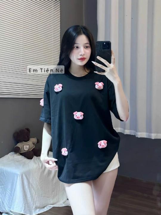 Product Introduction of ÁO ĐÍNH PHỤ KIỆN 7 CHÚ HEO COTTON FORM RỘNG FREE 40-70KG VỪA Top Nữ Cổ Tròn Women 3