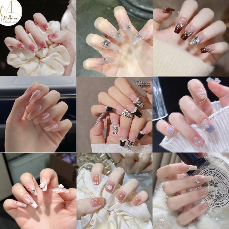 Móng tay giả Minoderm Nail box kèm keo gắn, dáng ngắn, dài, thiết kế trơn, đính đá sang trọng