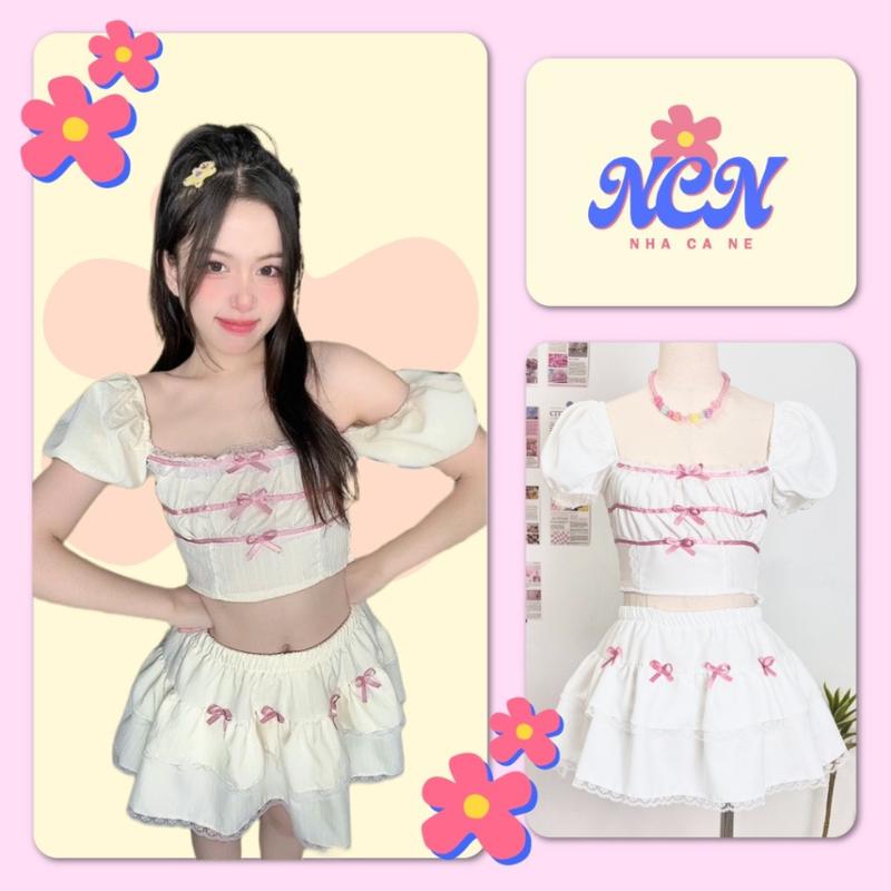 [TẶNG KHĂN CỘT ĐẦU trừ màu đen ]  Sét đồ y2k áo trễ vai kèm chân váy ngắn lưng thun phối nơ form ngắn Nữ Women Kem Top