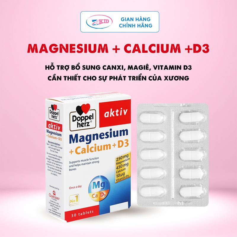 Canxi cho mẹ bầu, mẹ sau sinh, người lớn, người cao tuổi, trẻ có nhu cầu bổ sung Canxi - Doppelherz Aktiv Magnesium + Calcium + D3 - Hộp 30 viên