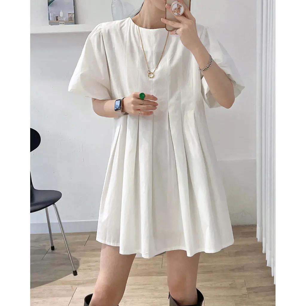 Váy Ngắn Nữ Mùa Hè, Phong Cách Hàn Quốc, Cổ Tròn, Tay Phồng Bong Bóng, Chữ A, Xếp Ly, 240924