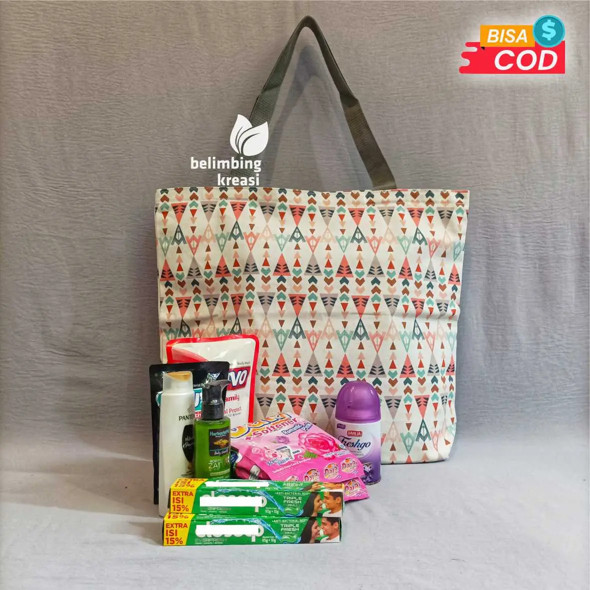 TAS BELANJA LIPAT BESAR SHOPING BAG JUMBO BAHAN KAIN KANVAS MOTIF MODEL TOTE BAG JINJING TBJKM TBJ 01