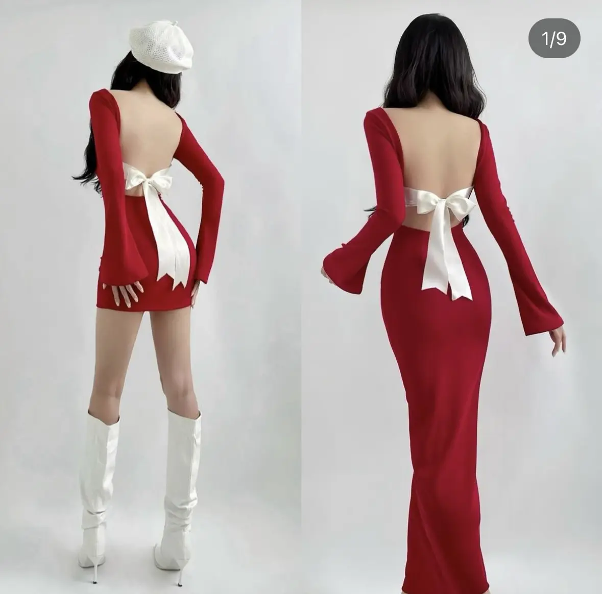 Đầm body phối nơ sau chất len tăm đầm nữ mùa giáng sinh