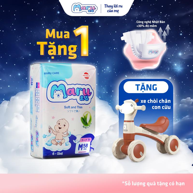 TẶNG NGAY 1 XE CHÒI CHÂN CON CỪU Tã Bỉm Maru công nghệ Nhật form to mềm mại thấm hút qua đêm an toàn lành tính