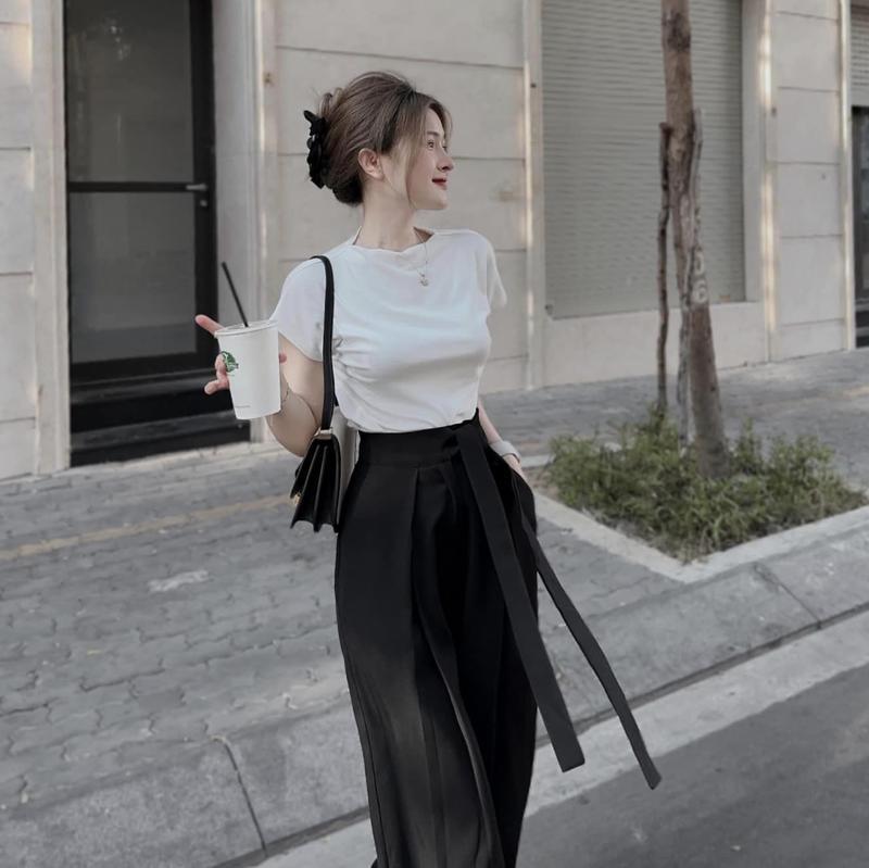 Product Introduction of Set bộ thiết kế xám đen trắng áo tăm lạnh tay rơi quần ống rộng thăt nơ đồ bộ nữ xuân hè Top Kem Women 6