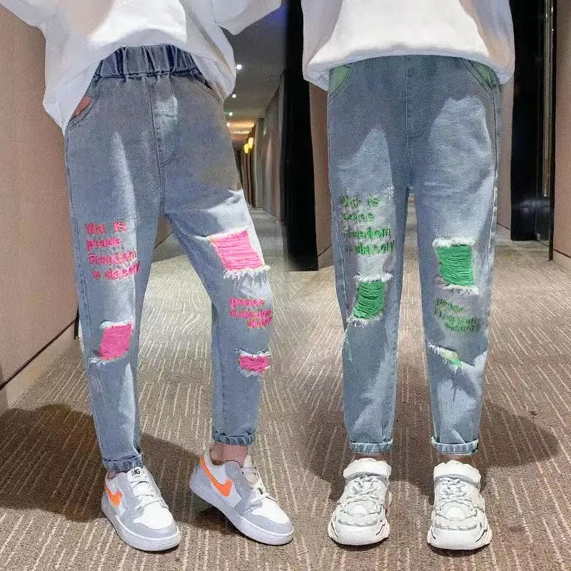 Girls' Jeans  New Korean Style Loose Pants for Girls Western Style Fashion Ripped Trousers  Children