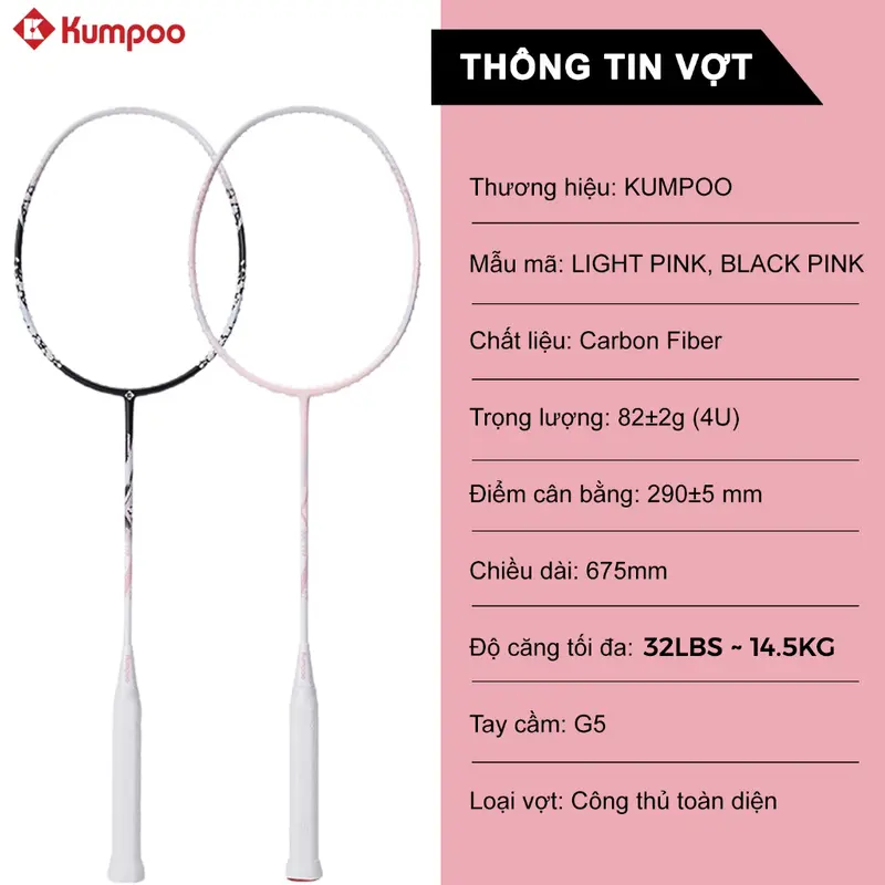 Vợt cầu lông Kumpoo LᶖghtPink, BlackPink chính hãnġ sợi carbon 4U căng sẵn 10.5kg công thủ toàn diện phân phối độc quyền Cán Vợt Sport Chống Trơn kumpoo lightpink 3