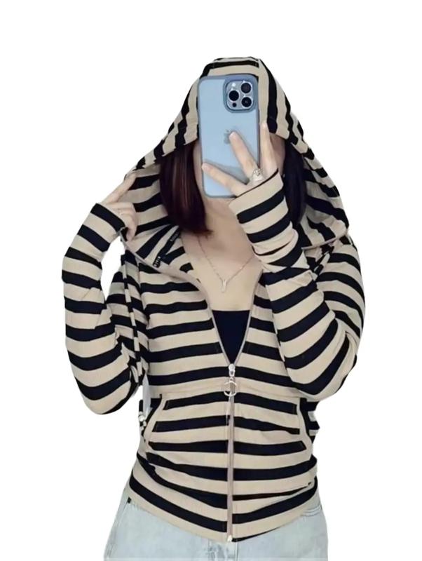 ÁO KHOÁC SỌC DỆT ,NÓN TO ,TAY XỎ NGÓN ÁO CÓ TÚI TRONG  Nữ Women Jacket Top Nhung Sọc Kẻ Thun Kem