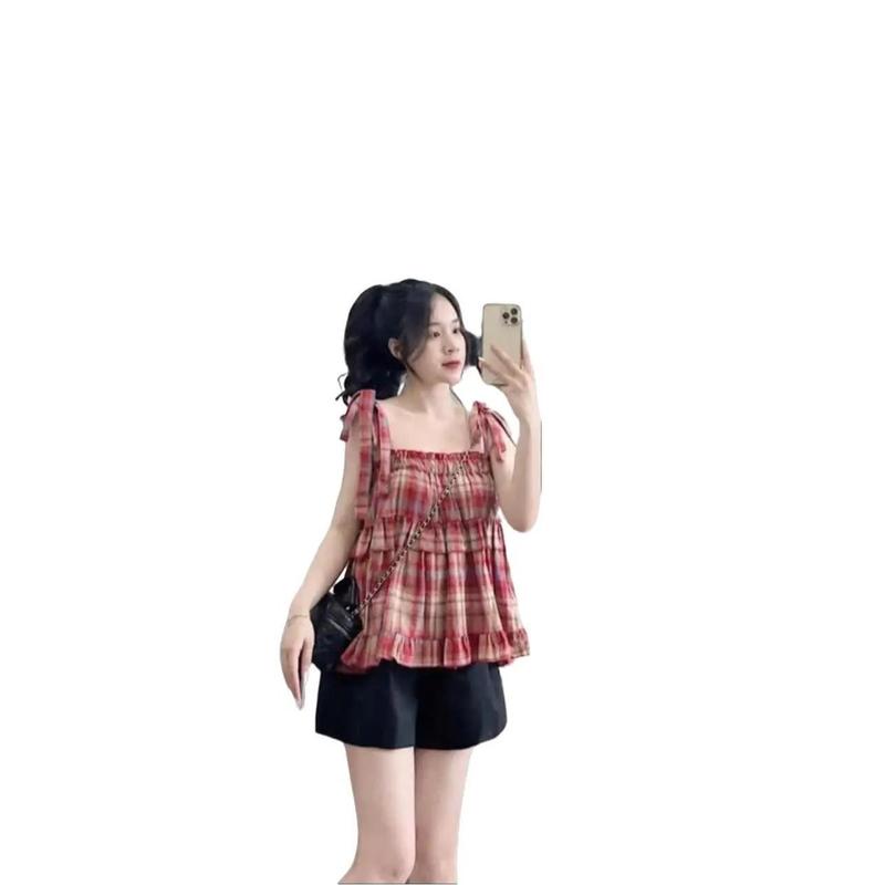 Set Áo babydol kẻ 2 dây nơ kèm quần cạp chun (vải Thô MỎNG NHẸ, MẶC NHÀ,ĐI CHƠI, GIÁ RẺ, CHẤT LƯỢNG VỪA PHẢI) Nữ Kem 2
