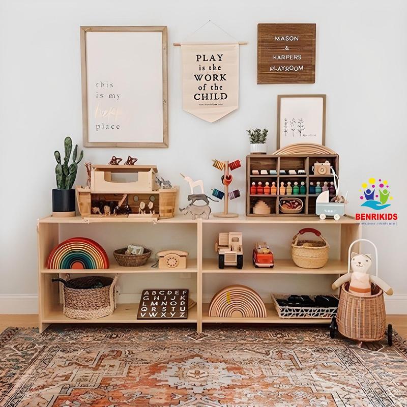 Kệ Trưng Bày Đồ Chơi Cho Bé, Giá Sách 2 Tầng Montessori Bằng Gỗ Thông Phủ Bóng Trơn Mịn Decor Trang Trí Phòng Cho Bé