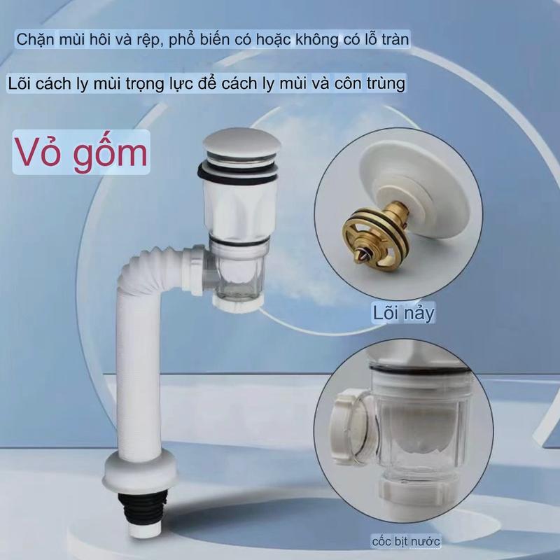  ￼ ￼Bộ xi phông thoát nước ngăn mùi hôi cho bồn rửa mặt ống xả chậu Lavabo nắp nhấn sứ nắp lật Inox thân nhựa sun ABS 