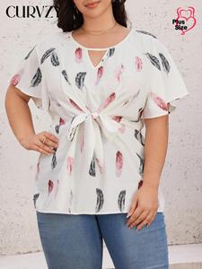 CURVZY Plus Size Feather Print Cut Out Knot Front Blouse, Elegant Butterfly Sleeve Keyhole Neckline Top for Summer, Women's Plus Clothing for Daily Wear
