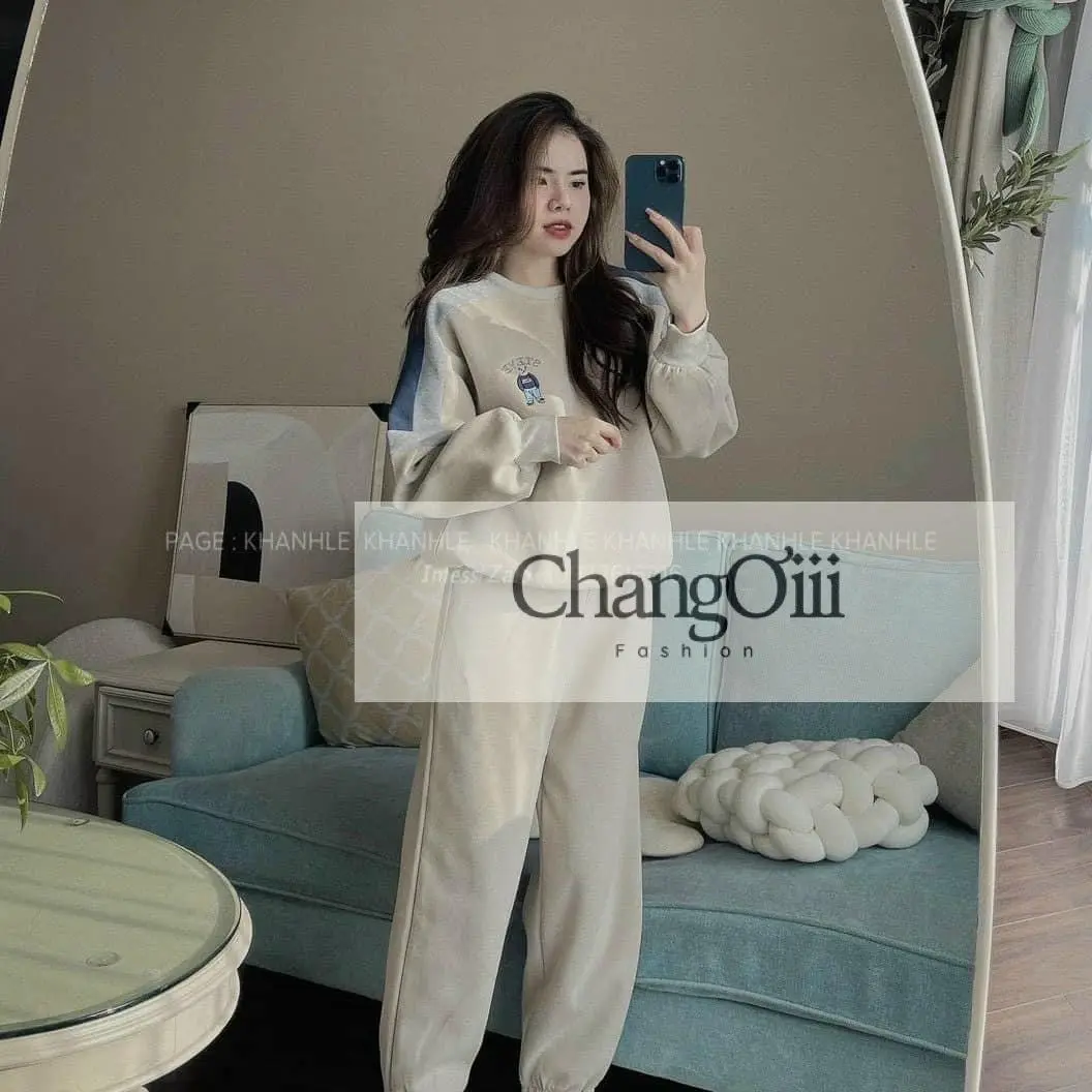 Bộ quần áo nỉ trần bông thêu gấu cao cấp Chang Ơiii đủ size 40-75kg dành cho nữ Có thể giặt bằng máy Tay dài Kem Áo Quần