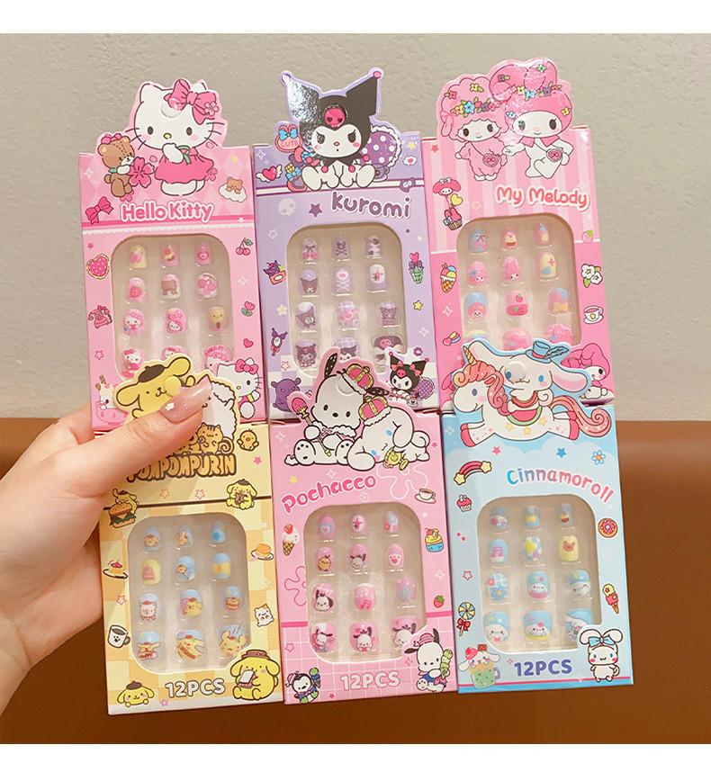 Product Introduction of 12Pcs Anime Sanrio Kids Fake Nails Fashion Manicure Stickers Set Mymelody Kuromi Cinnamoroll Gift 12