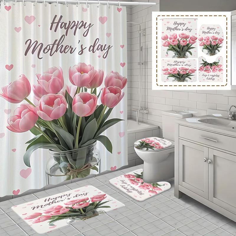 Product Introduction of Floral Pattern Bathroom Accessories, 1 Set Including Shower Curtain, U-shaped Mat, Toilet Lid Cover, Bath Mat, Bathroom Decor Supplies 0