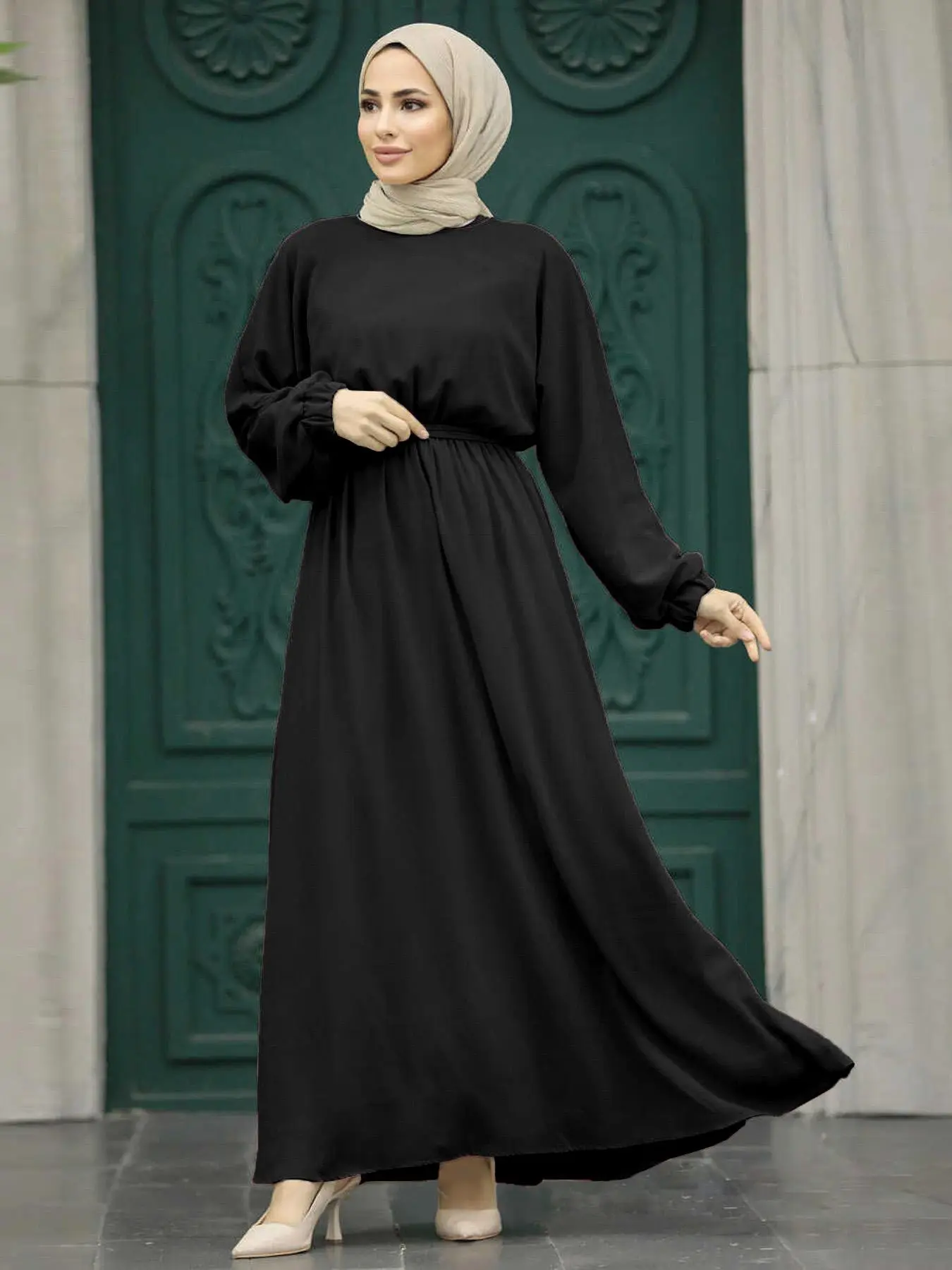 Women's Plain Belted Keyhole Back Arabian Dress, Modest Bishop Sleeve Long Dress for Daily Wear, Ladies Clothes for All Seasons