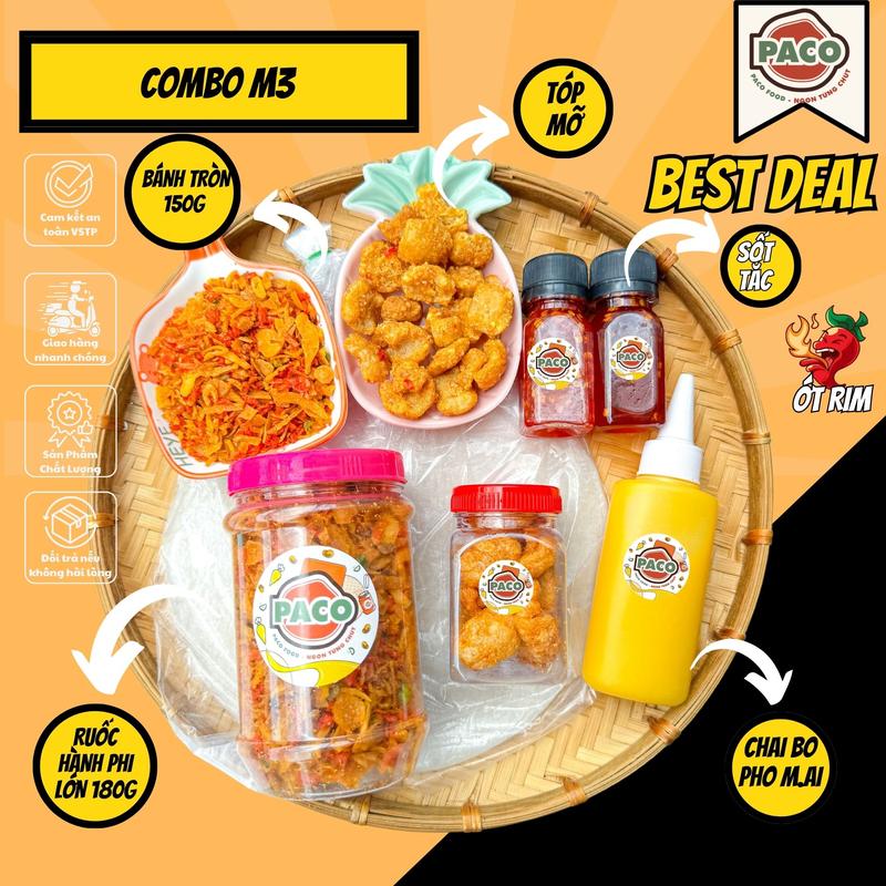 [M3 KÈM HỦ RUỐC TO] combo bánh tráng phơi sương bơ phô mai m3 paco food đầy đủ topping bánh tráng 150g tóp mỡ kèm sốt-đồ ăn vặt snacks