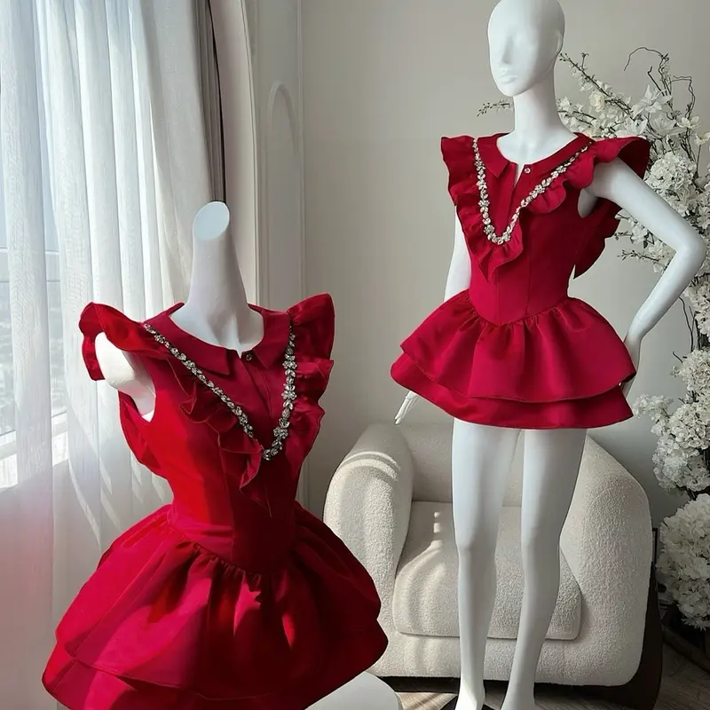 Đầm cườm cổ bèo V tùng 2 tầng Women váy  chỉ giặt tay đính đá nơ tiệc 5