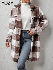 YOZY Women's Plaid Print Button Front Drop Shoulder Fuzzy Coat, Casual Pocket Long Sleeve Collared Outerwear for Fall & Winter, Ladies Clothes for Daily Wear