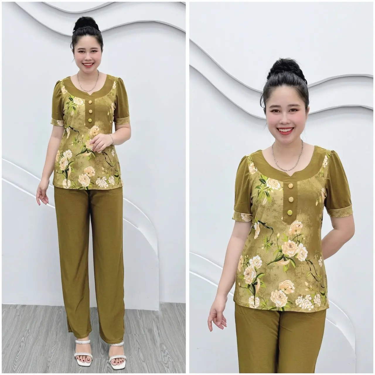 T62 Đồ bộ trung niên cổ tròn chất vãi thun aty nhập dày mịn mát, quần ống rộng thoải mái, 50-85kg Top