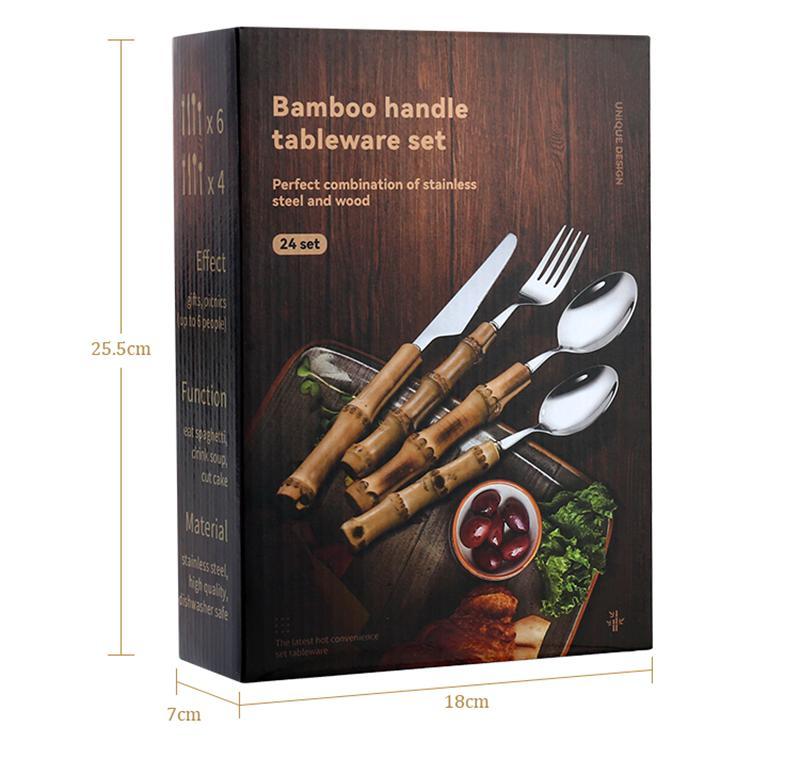 Product Introduction of 16/24PCS Creative Bamboo Handle Stainless Steel Tableware With Steak Knives Flatware Knives Set Includes Dessert Spoon Forks 29