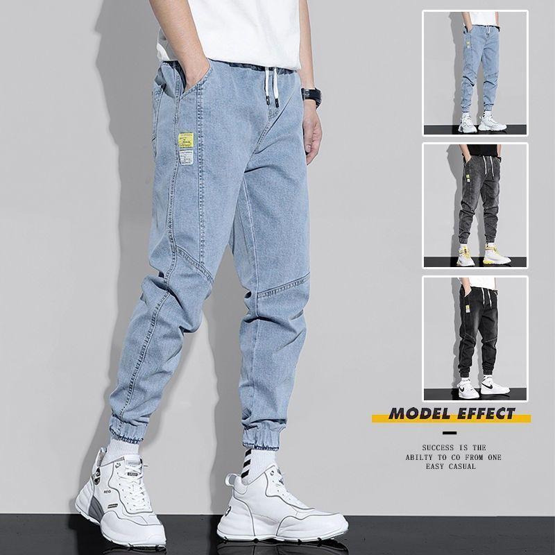 Men's jeans Korean trend summer style jeansloose light color casual workwear Harlan jeans loose stitching cropped trousers 0