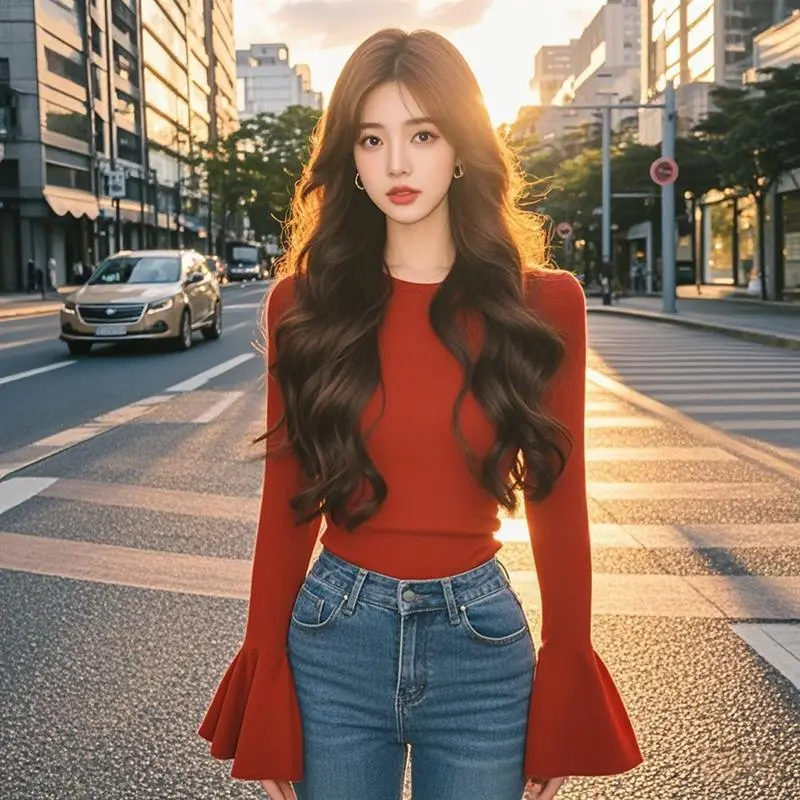 Áo Tay Loe Màu Đỏ, Độc Đáo Và Tuyệt Đẹp, Dành Cho Nữ, Bộ Sưu Tập Mùa Xuân, Cao Cấp Và Thanh Lịch, Mỏng Vừa Vặn, Áo Lớp Nền Top Women 6