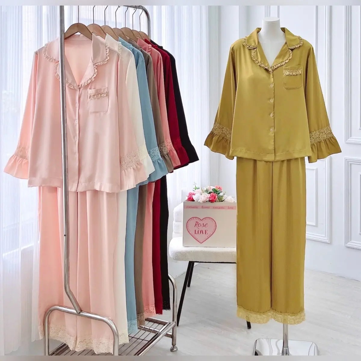 Size M XL 40-68kg . Đồ Bộ Nữ Pijama Tiểu Thư Ren Tay Dài . Chất Lụa Latin Mềm Mát . Quần Dài M93cm XL97cm Có Túi Women