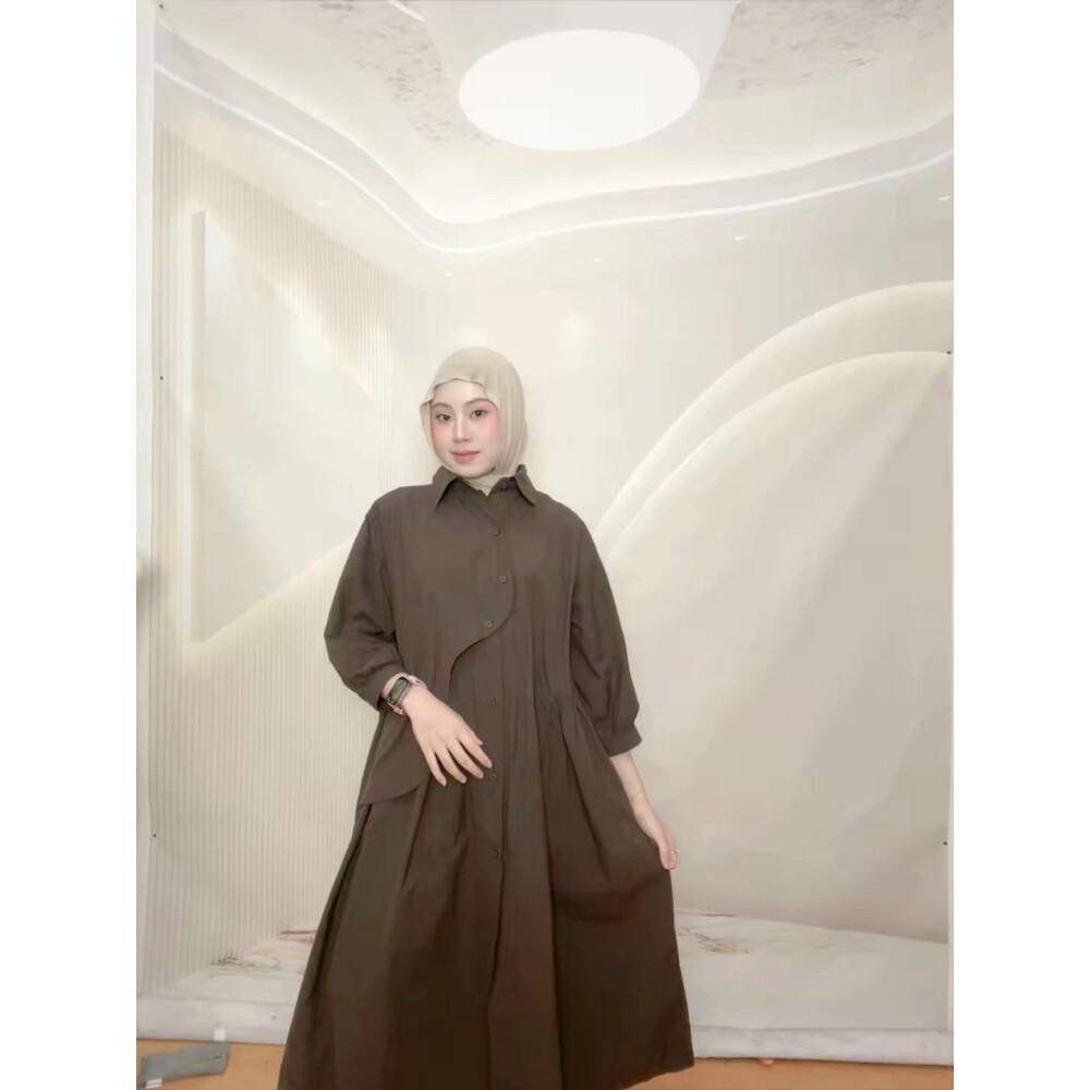 PO30 CHICMORE Gaun kemeja lengan tiga perempat dengan warna polos dan rok midi