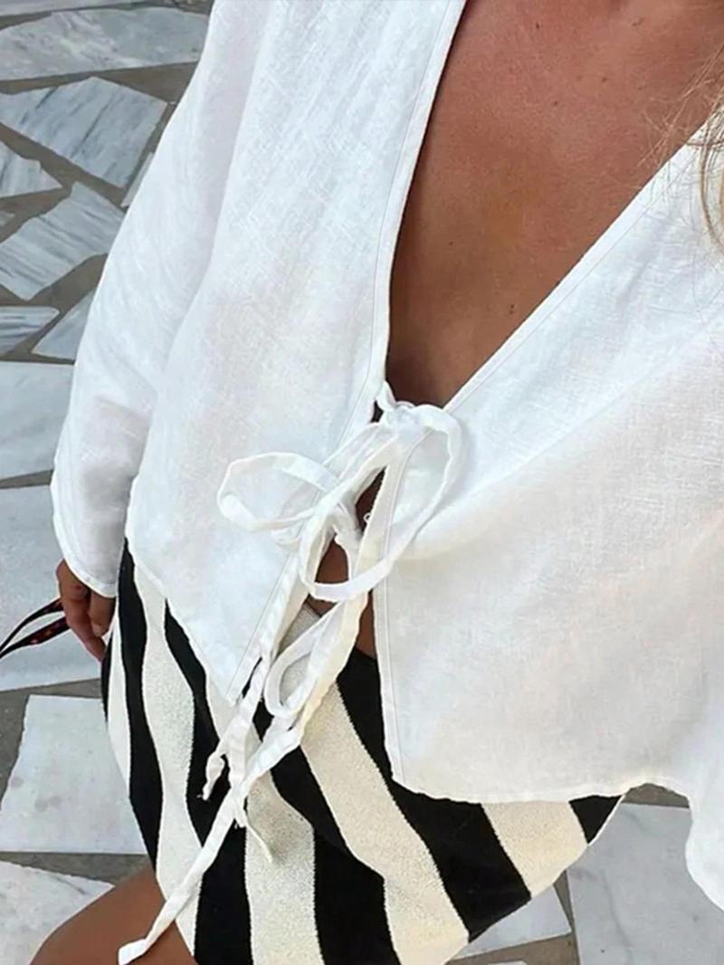Product Introduction of Women's Plain Tie Front V Neck Blouse, Casual Long Sleeve Top for Spring & Fall, Women's Clothing for Daily Wear, Workwear, January Workwear 8