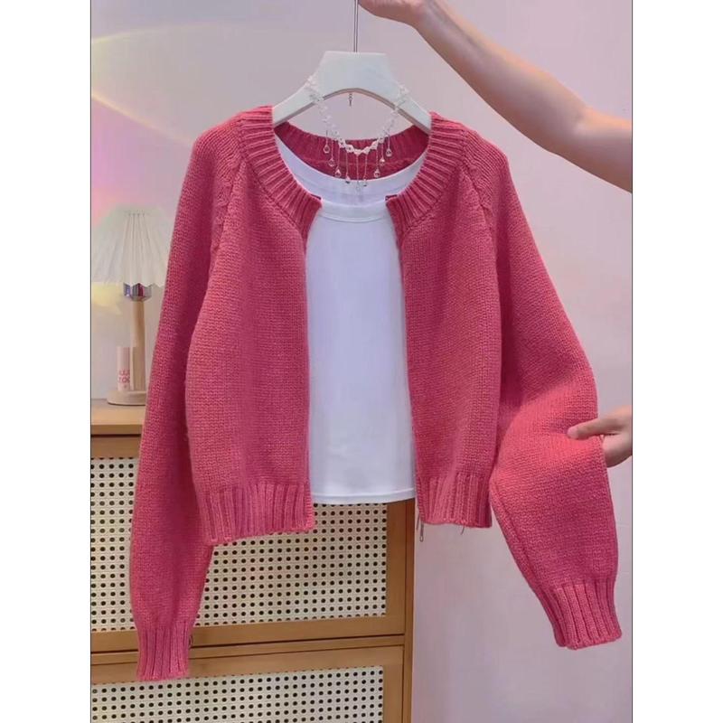 Áo Khoác Cardigan Có Khóa Kéo, Dáng Ngắn Và Dáng Rộng Vừa Vặn, Màu Đỏ Hồng, Phong Cách # u3788 Nữ Women 0