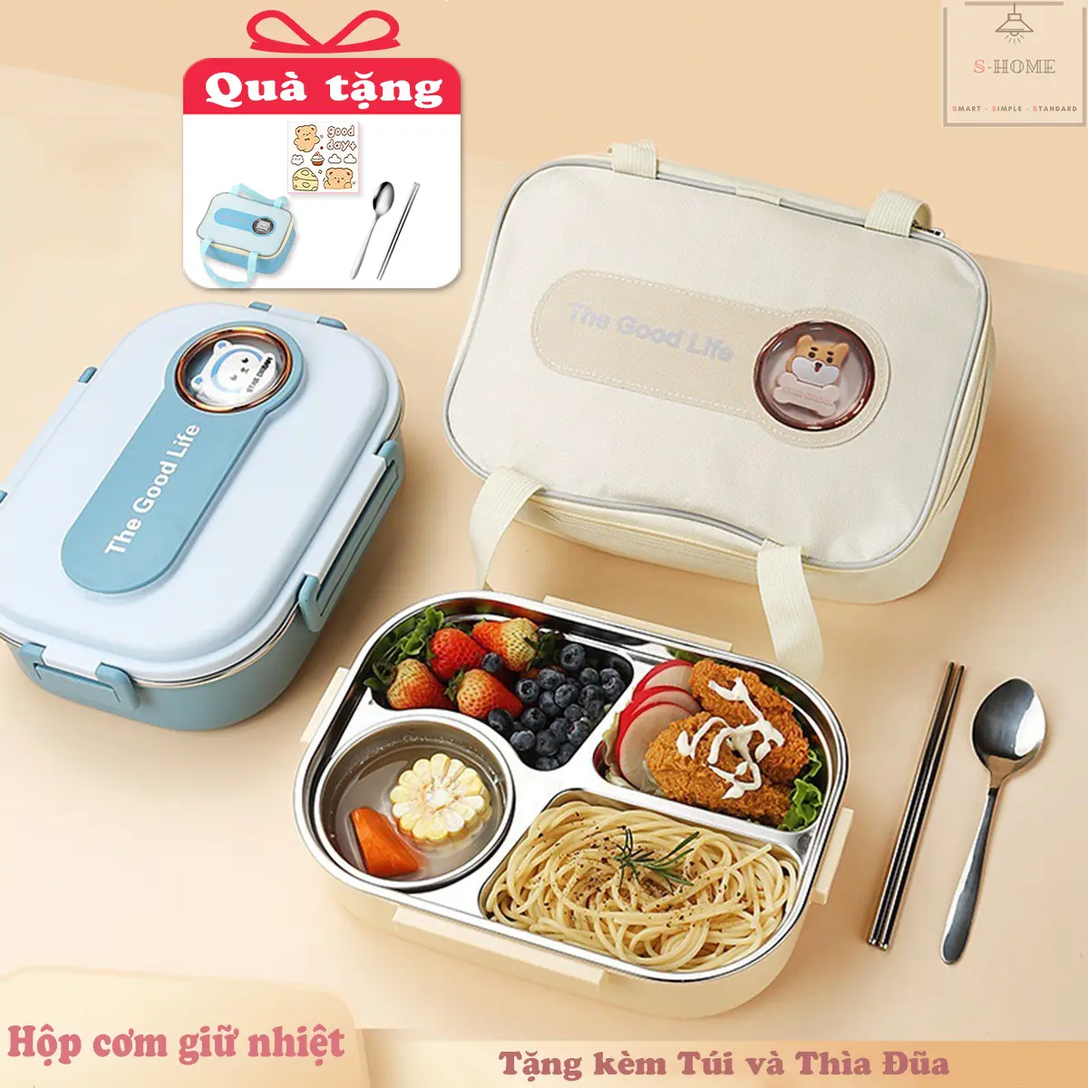 Hộp cơm giữ nhiệt The Good Life Inox 304 cao cấp kèm túi thìa đũa và bát canh