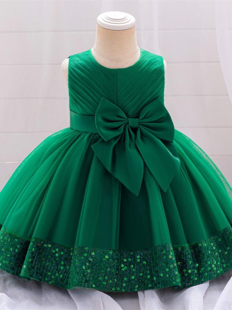 Product Introduction of Baby Girl's Contrast Sequin Bow Decor Dress, Cute Round Neck Sleeveless Dress for Christmas Party Holiday Wedding Guest, Infant Toddler Kids Clothes for All Seasons 1